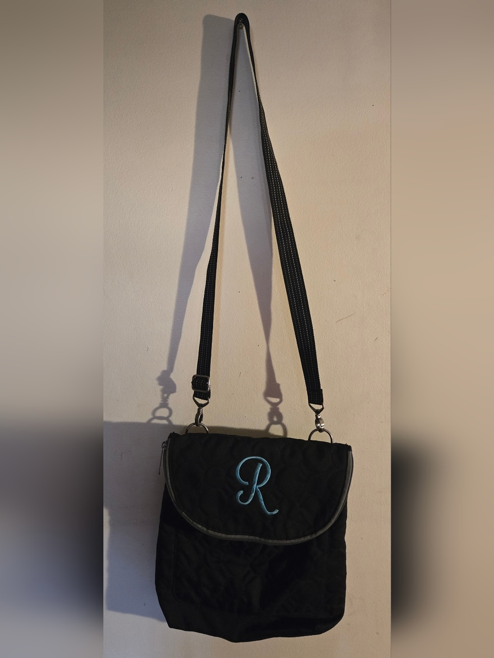 thirty-one Black Quilted Crossbody Bag with Light Blue 'R' Monogram